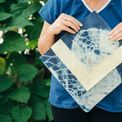 Hands holding up a freshly made indigo and cream beeswax wrap against a hedge