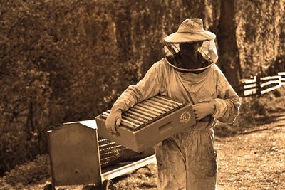 Beekeeper at working harvesting honeycombs filled with honey and made out of beeswax.