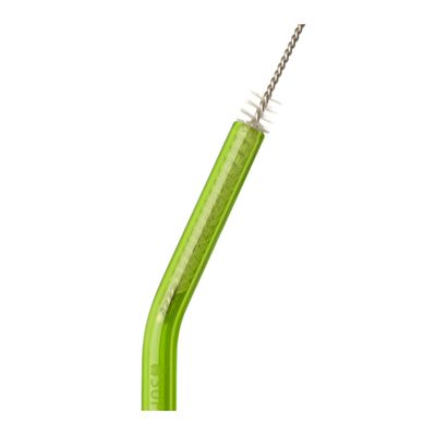 A green SuperBee glass drinking straw with its cleaning brush inside