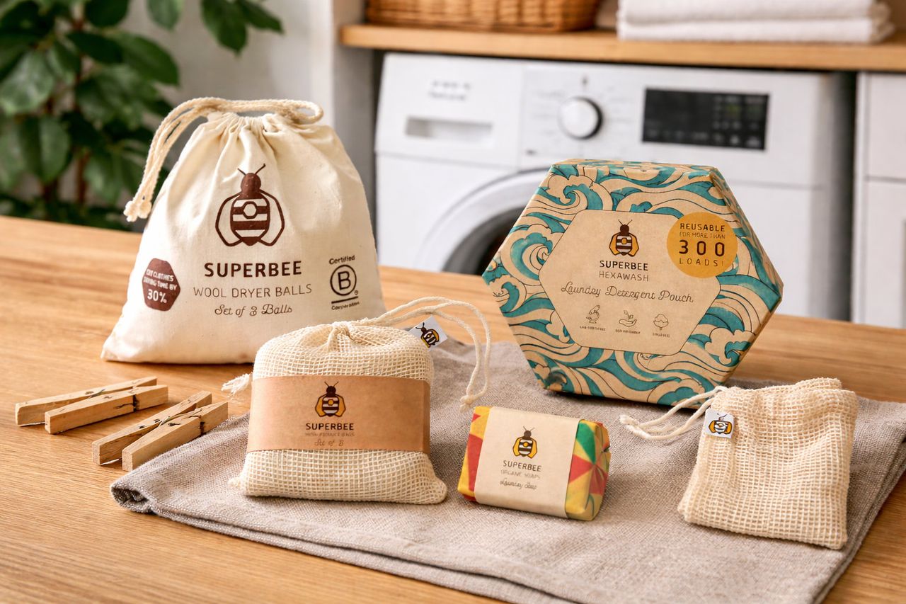 SuperBee laundry line: Hexawash pouch, wool dryer balls and laundry soap by the washing machine