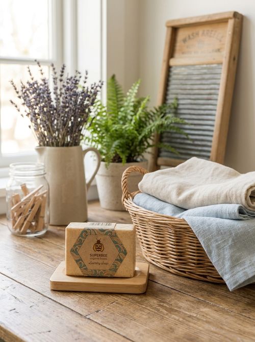 The boxed laundry soap bar on a bamboo dish with a laundry basket, washboard and lavender behind