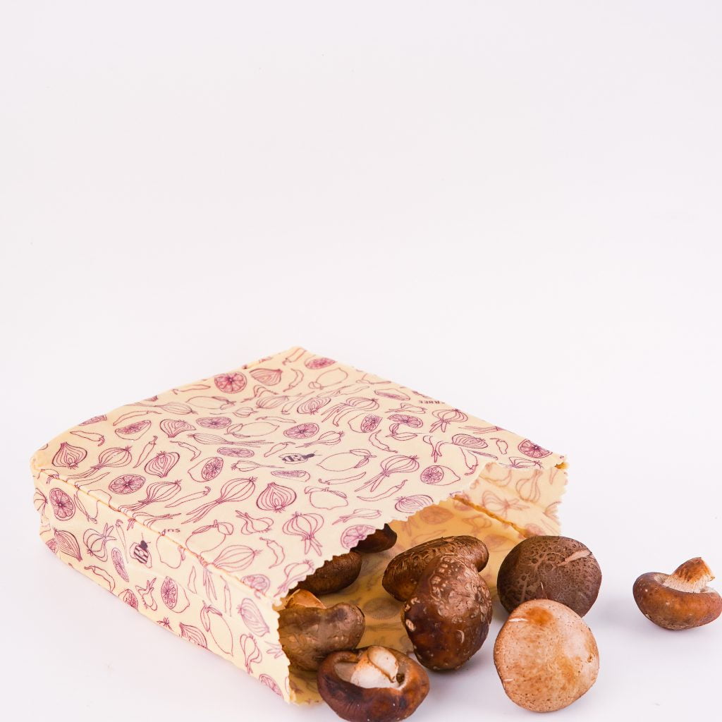 beeswax bread bags being used for produce like mushrooms